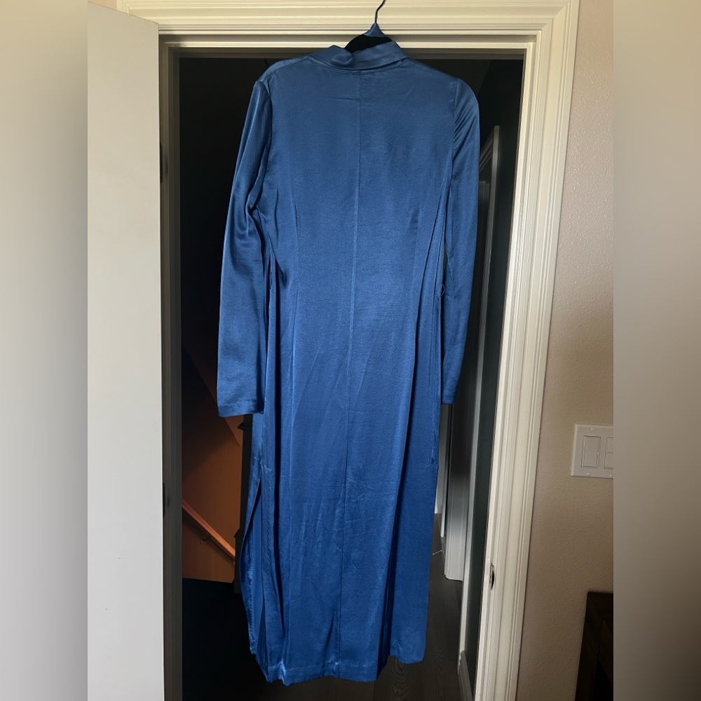 STAUD Royal Blue Satin Dress with Long-Sleeves Bell Sleeves Size M Modest Dress - Picture 8 of 10